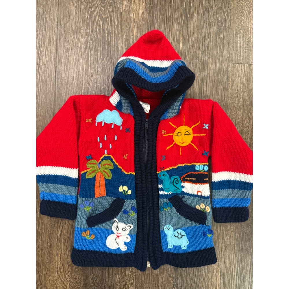 Handmade Peru Kids Hooded Sweater Size 2 Red Embroidered Animals